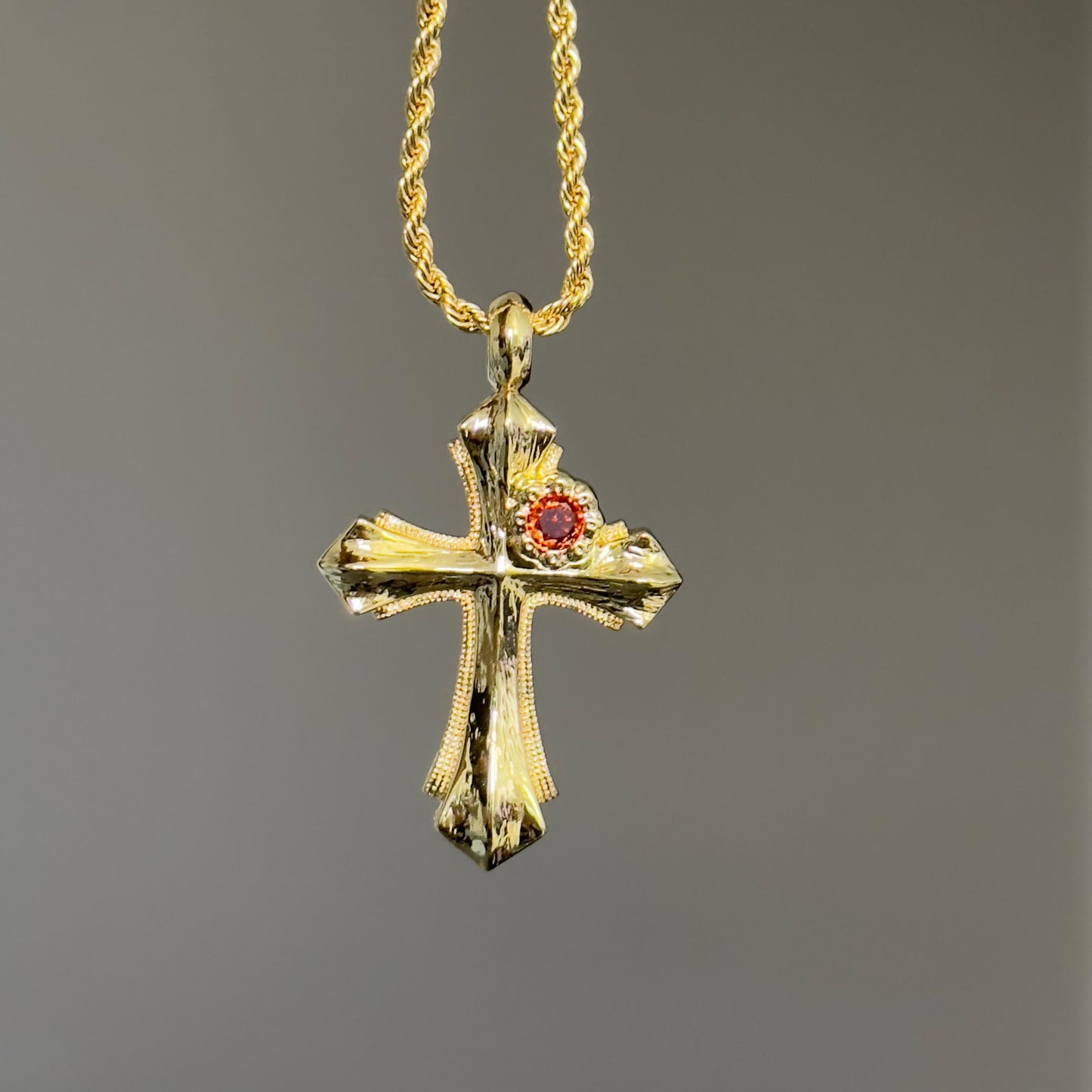 Vintage-Inspired 14K Gold Plated Cross Pendant Rope Necklace, Red Gemstone Cross Pendant Necklace, Elegant Religious Jewelry