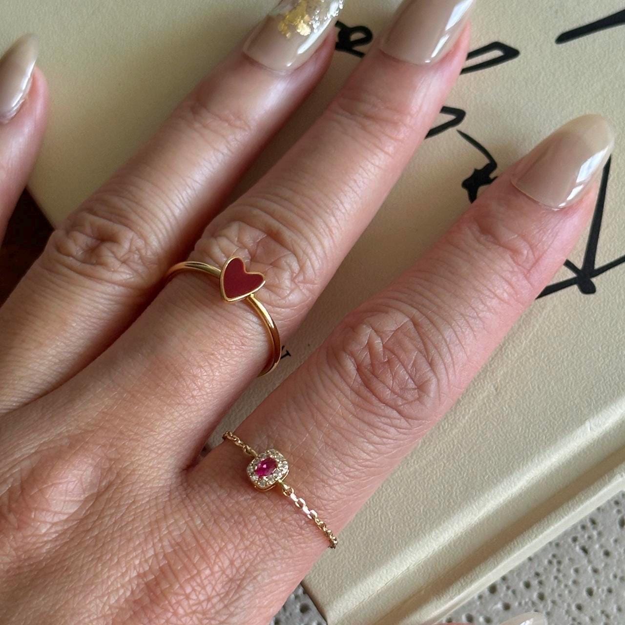 Adjustable Gold Chain Ring with Pink Gemstone