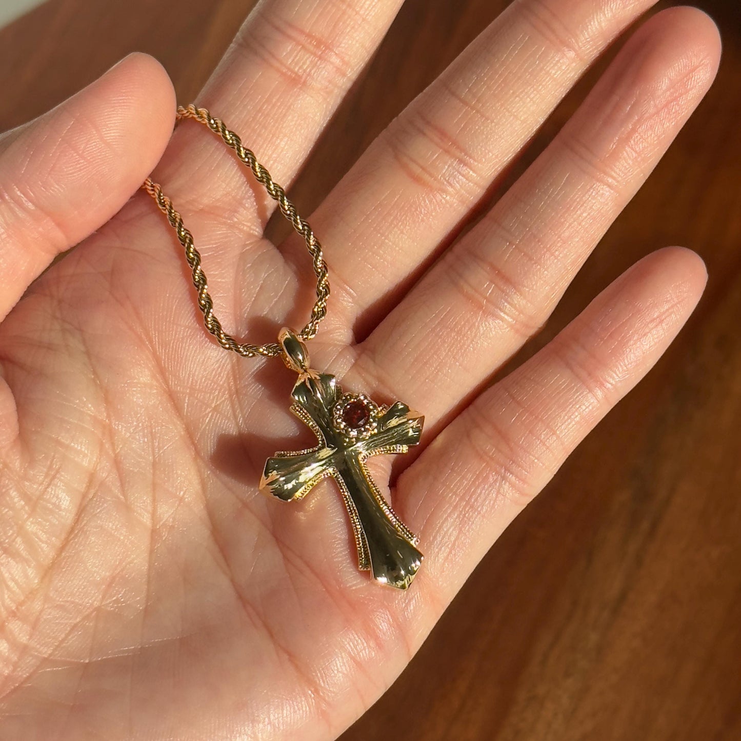 Vintage-Inspired 14K Gold Plated Cross Pendant Rope Necklace, Red Gemstone Cross Pendant Necklace, Elegant Religious Jewelry