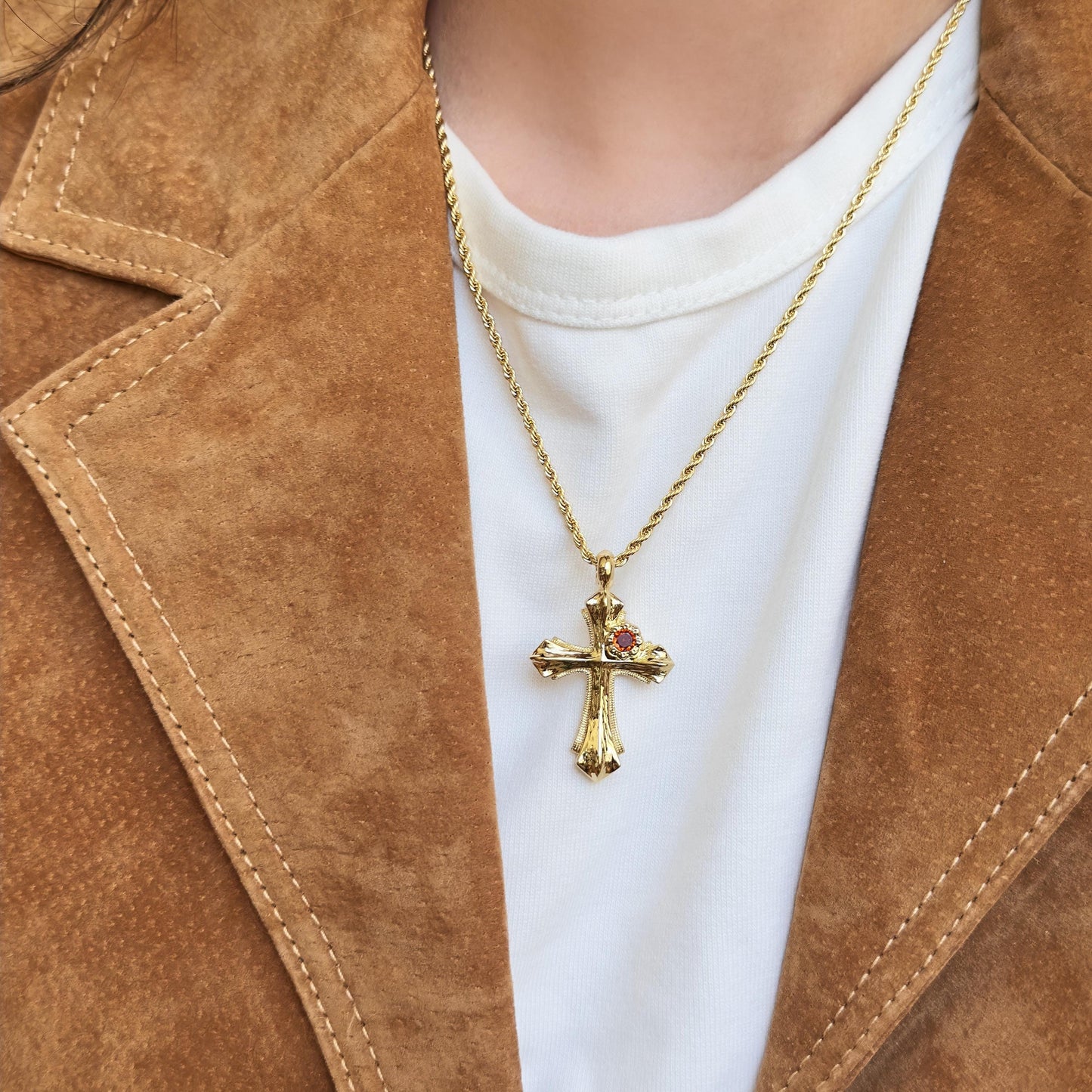 Vintage-Inspired 14K Gold Plated Cross Pendant Rope Necklace, Red Gemstone Cross Pendant Necklace, Elegant Religious Jewelry
