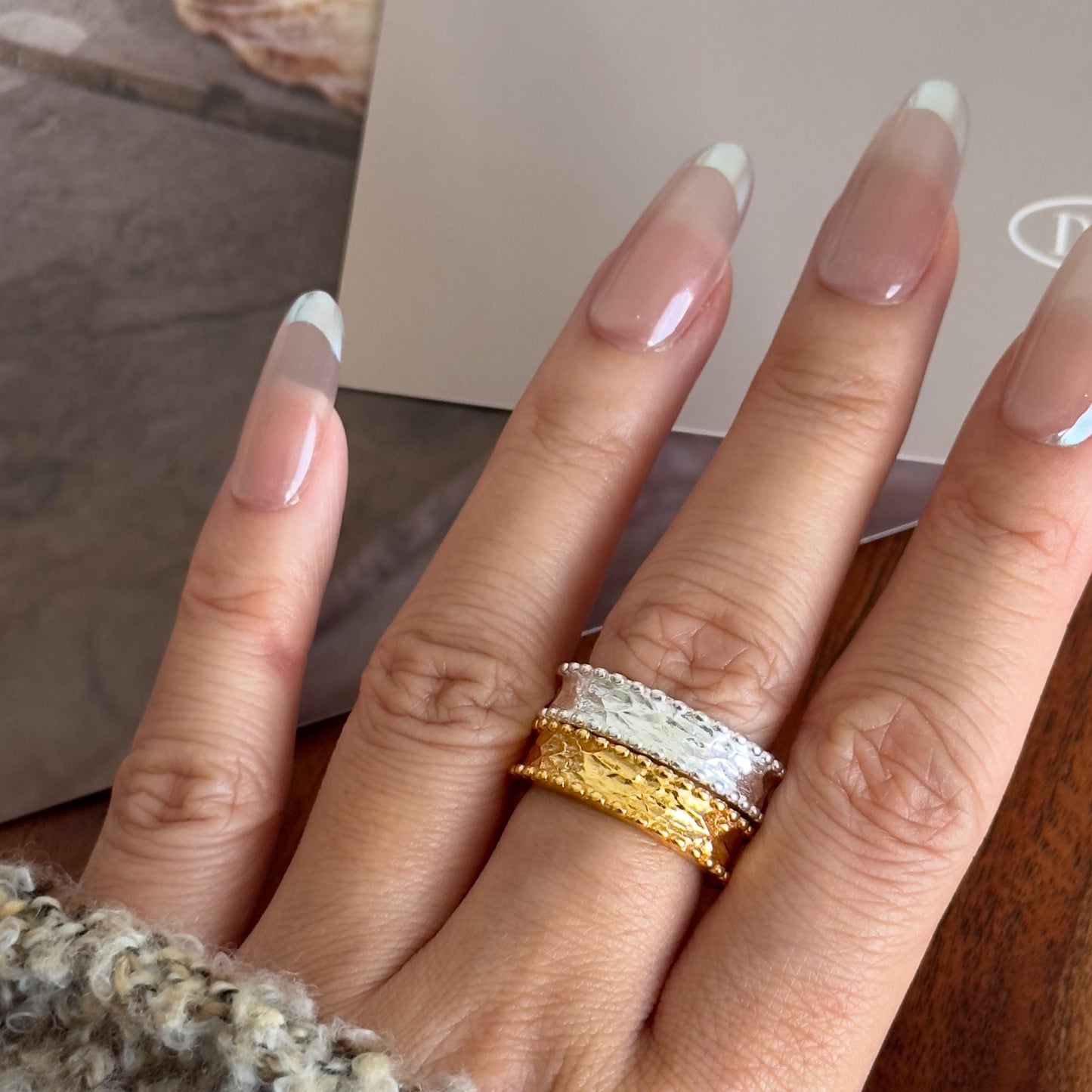 Gold Sterling Silver Hammered Open Band Ring, 925 Sterling Silver Hammered Beads Rings, Adjustable Ring, 925 Sterling Silver Minimalist Ring