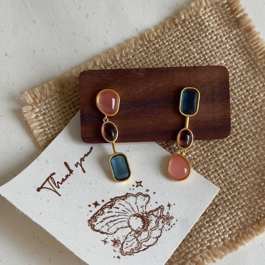 Colorful Stone Dangle Earrings, Asymmetrical Gemstone Earrings, Lightweight Geometric Statement, Colorful Gemstone Earrings, Gift for Her