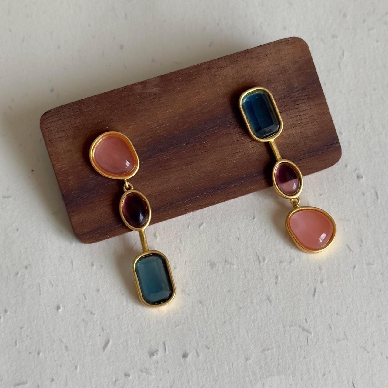 Colorful Stone Dangle Earrings, Asymmetrical Gemstone Earrings, Lightweight Geometric Statement, Colorful Gemstone Earrings, Gift for Her
