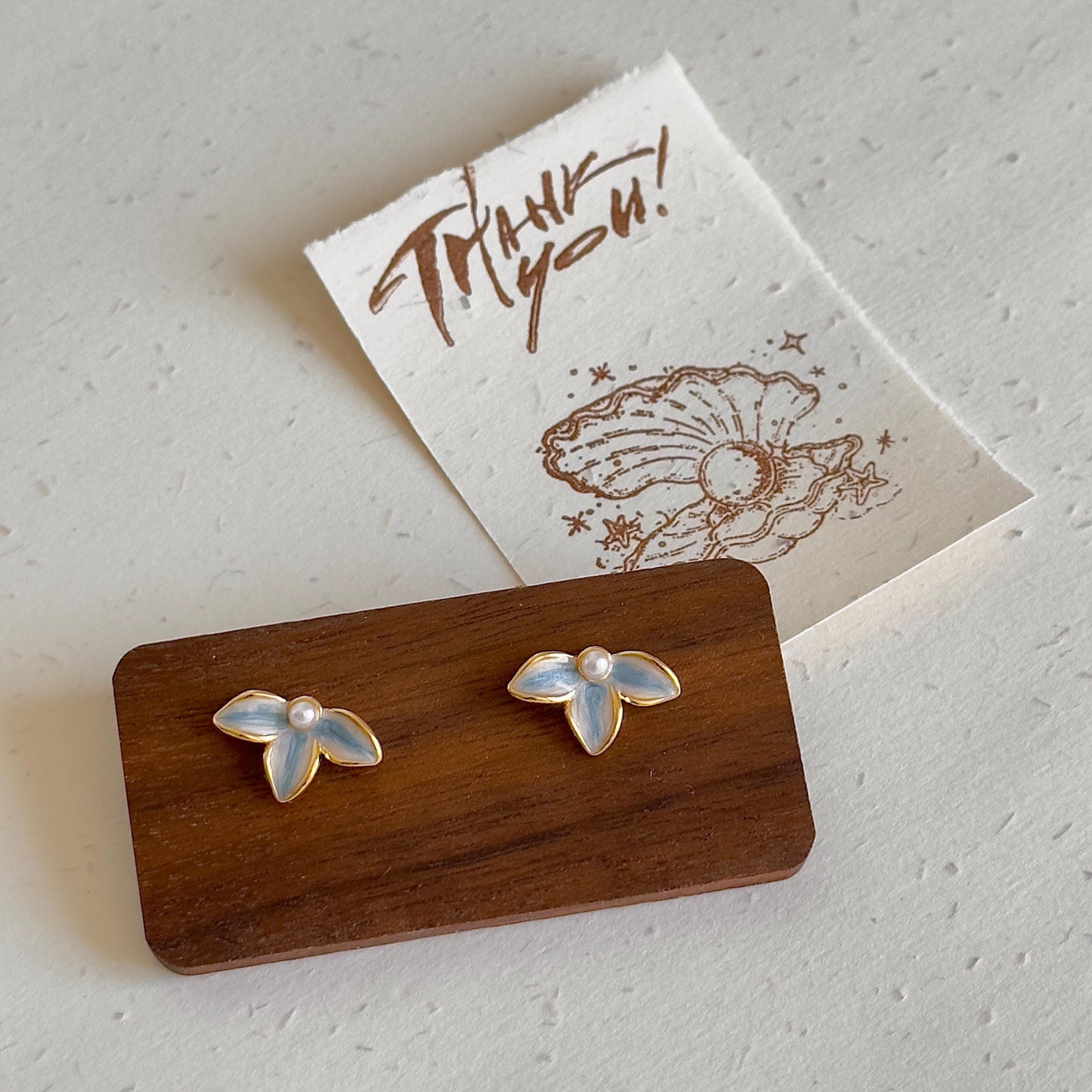 Blue Enamel Flower Stud Earrings with Pearl Center, Gold Enamel Petal Earrings, Dainty Floral Earrings, Cute Flower Earrings, Gift for Her