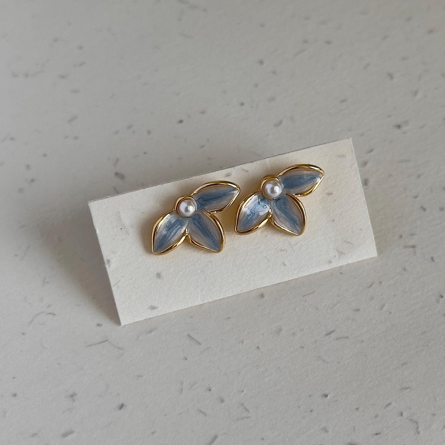 Blue Enamel Flower Stud Earrings with Pearl Center, Gold Enamel Petal Earrings, Dainty Floral Earrings, Cute Flower Earrings, Gift for Her