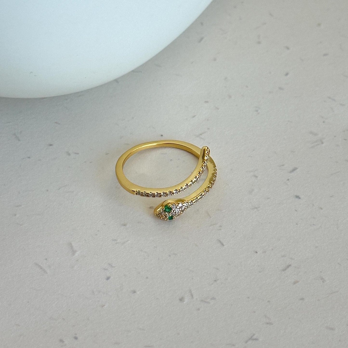 Gold Snake Adjustable Ring, Adjustable Serpent Wrap Ring with Green Eyes, Gold Plated Pave CZ Crystal Statement Ring, Unique Snake Rings