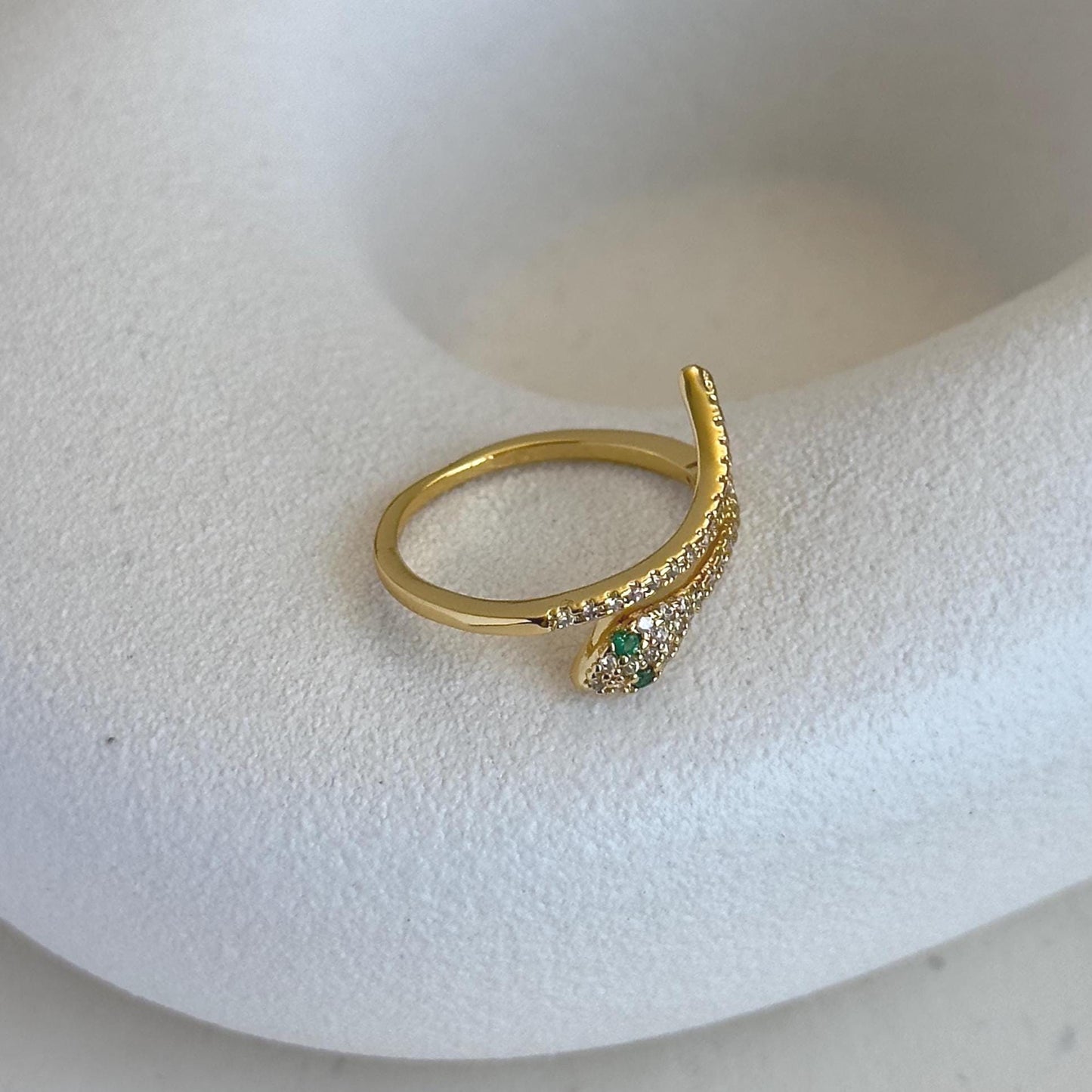 Gold Snake Adjustable Ring, Adjustable Serpent Wrap Ring with Green Eyes, Gold Plated Pave CZ Crystal Statement Ring, Unique Snake Rings