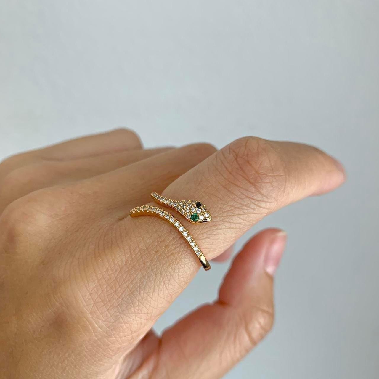 Gold Snake Adjustable Ring, Adjustable Serpent Wrap Ring with Green Eyes, Gold Plated Pave CZ Crystal Statement Ring, Unique Snake Rings