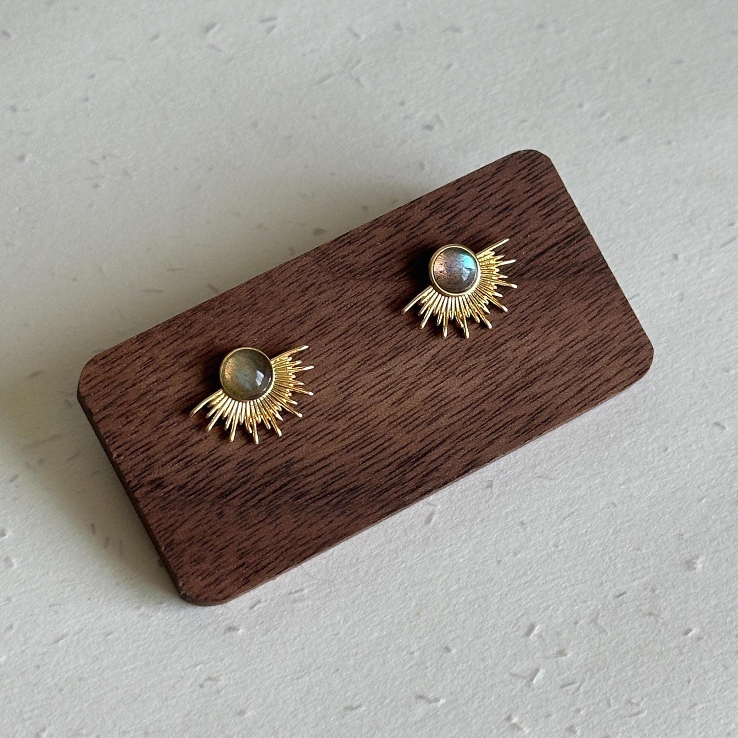 Sunburst Stud Earrings with Natural Labradorite Stone, Gold Sun Ray Earrings, Celestial Jewelry, Minimalist Boho Studs, Unique Gift for Her