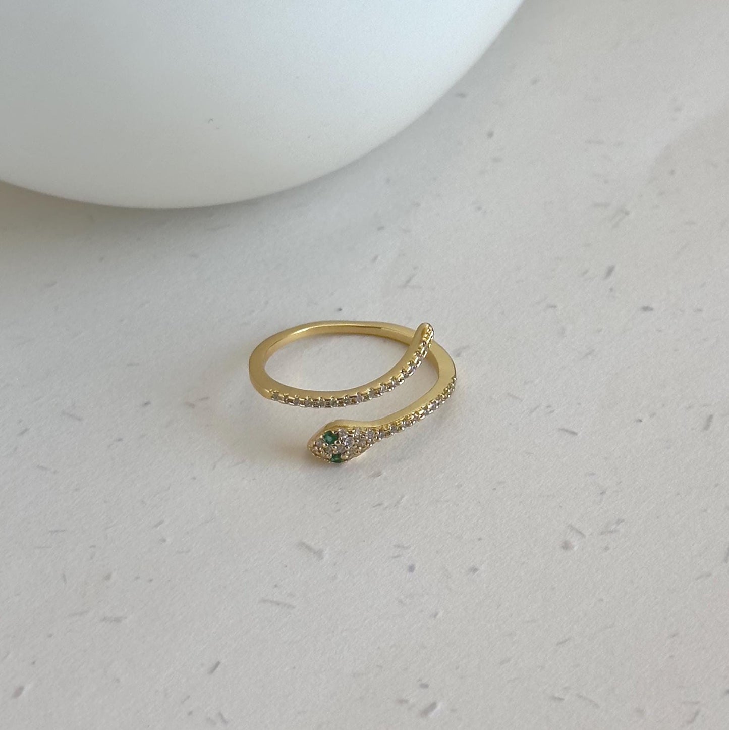 Gold Snake Adjustable Ring, Adjustable Serpent Wrap Ring with Green Eyes, Gold Plated Pave CZ Crystal Statement Ring, Unique Snake Rings