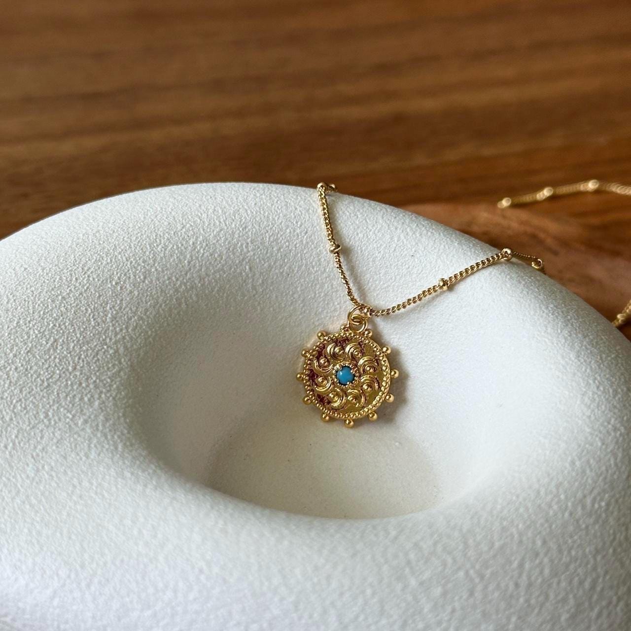 Gold Medallion Necklace with Turquoise Bead, Filigree Round Pendant Necklace, 18K Gold Plated Chain, Boho Ethnic Statement Jewelry