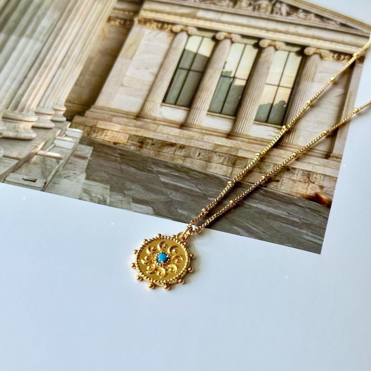Gold Medallion Necklace with Turquoise Bead, Filigree Round Pendant Necklace, 18K Gold Plated Chain, Boho Ethnic Statement Jewelry