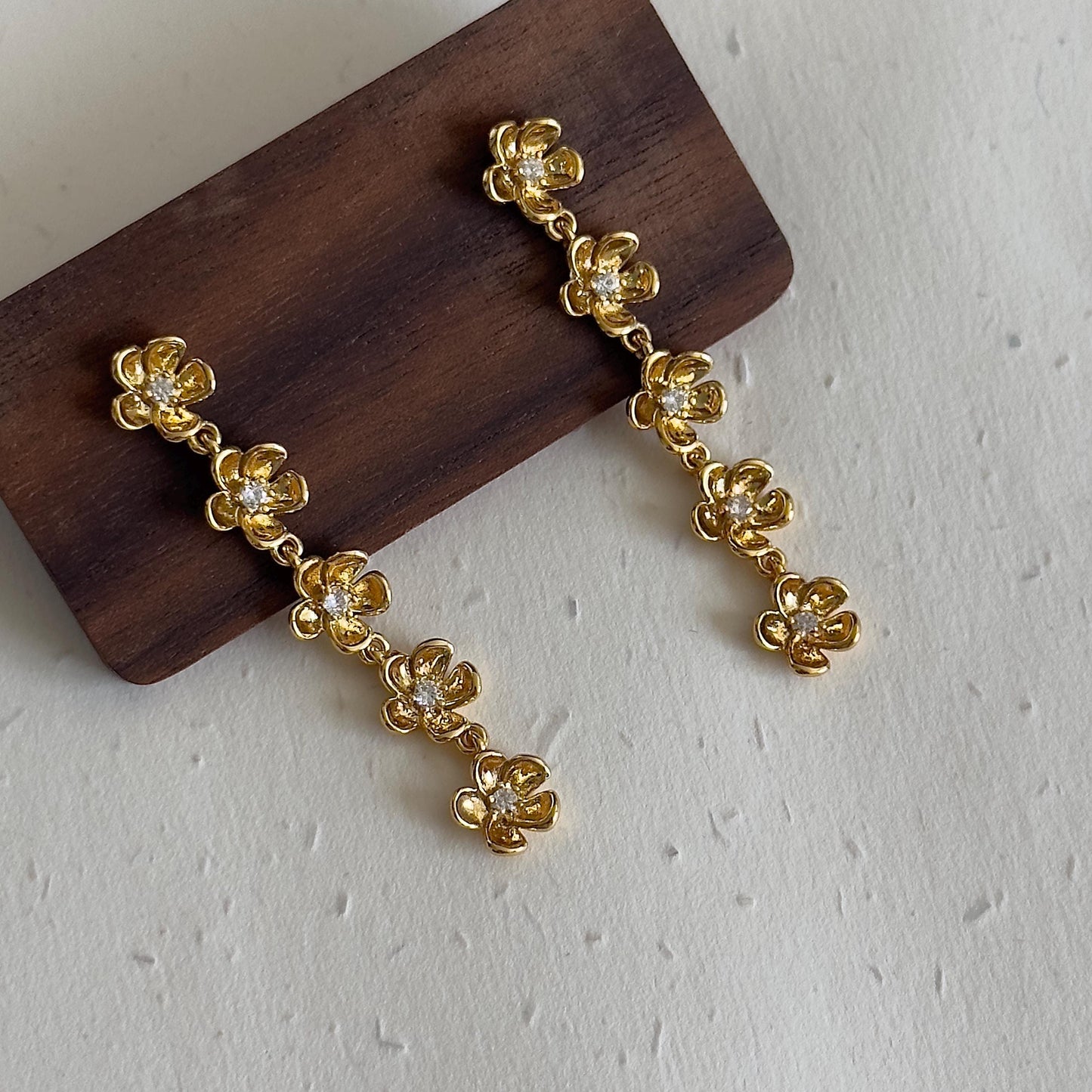 Gold Flower Drop Earrings, Dainty Floral Dangle Earrings with Crystals, Gold Long Flower Earrings, Bridesmaid Gift, Wedding Jewelry