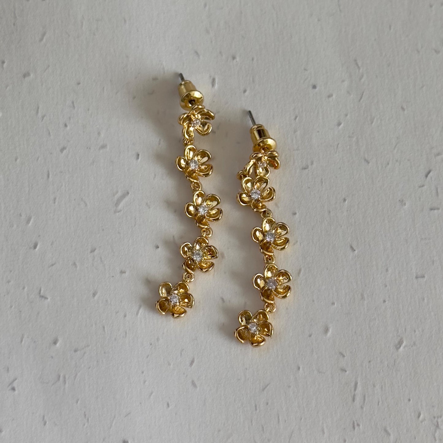 Gold Flower Drop Earrings, Dainty Floral Dangle Earrings with Crystals, Gold Long Flower Earrings, Bridesmaid Gift, Wedding Jewelry