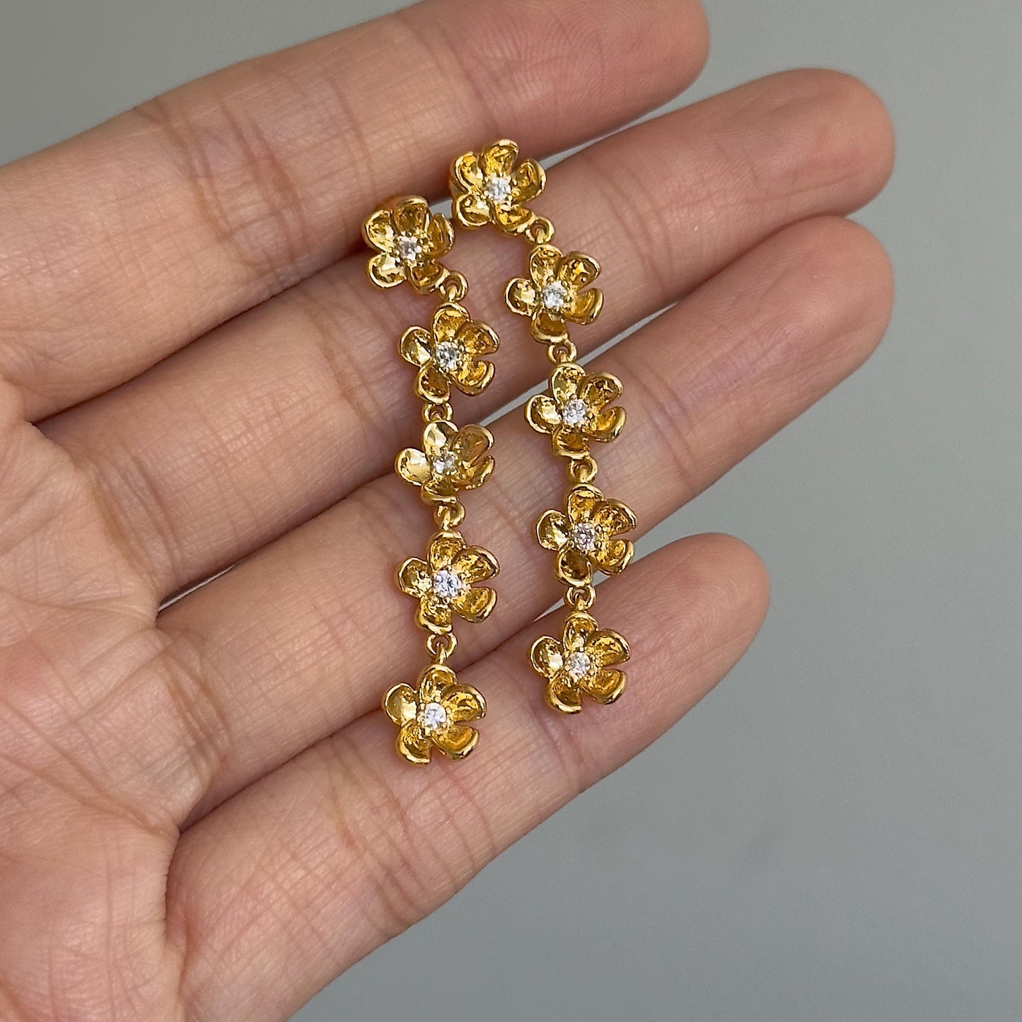 Gold Flower Drop Earrings, Dainty Floral Dangle Earrings with Crystals, Gold Long Flower Earrings, Bridesmaid Gift, Wedding Jewelry