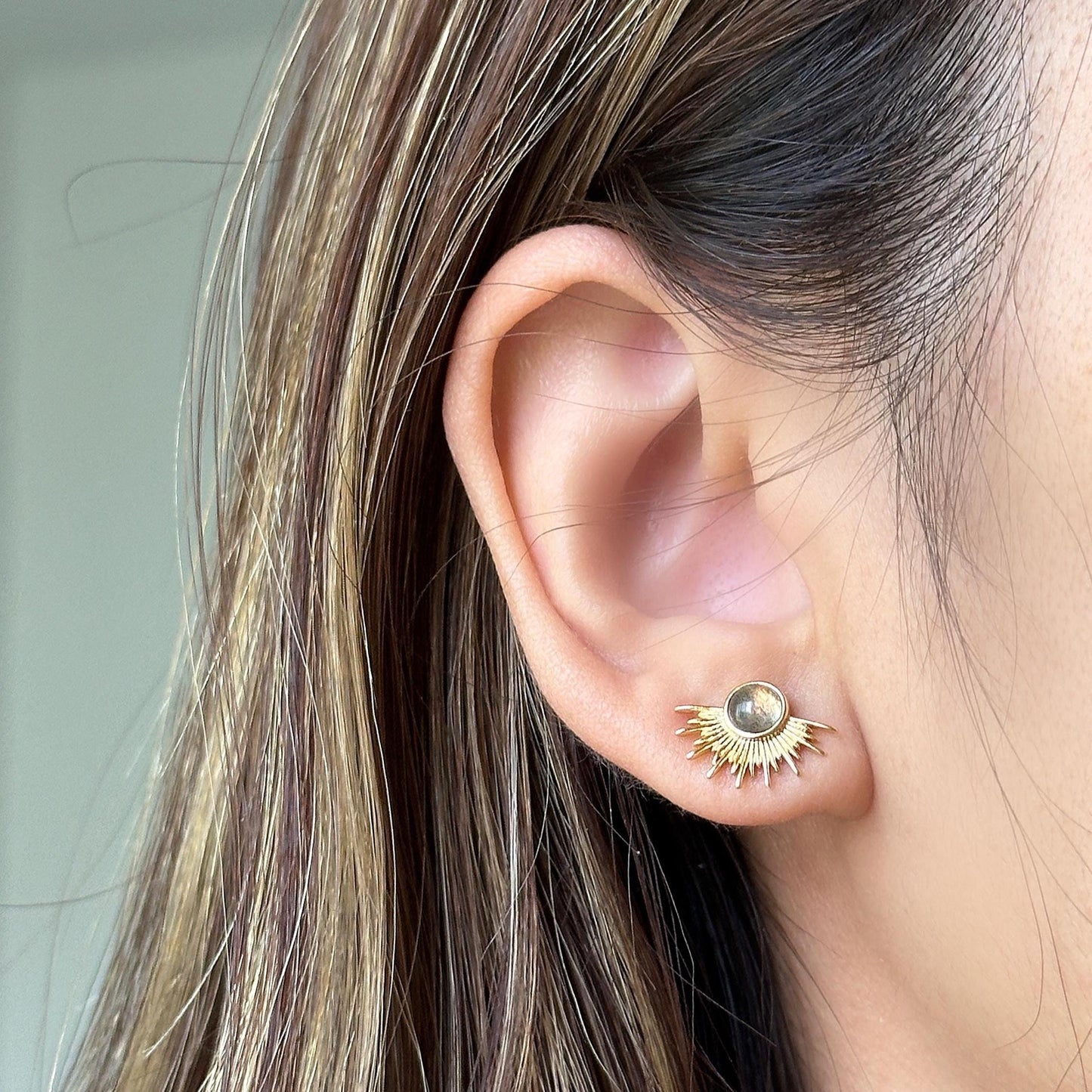 Sunburst Stud Earrings with Natural Labradorite Stone, Gold Sun Ray Earrings, Celestial Jewelry, Minimalist Boho Studs, Unique Gift for Her