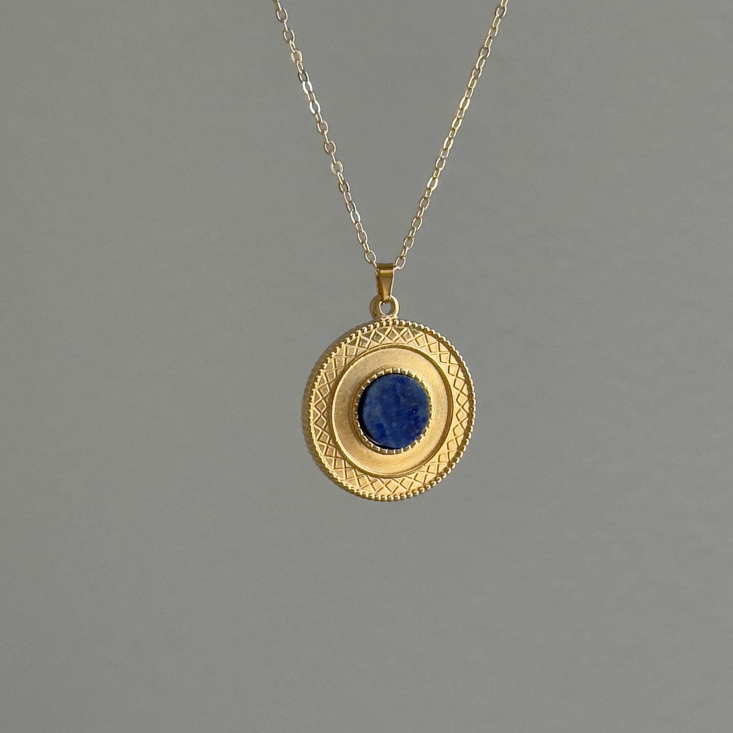 Gold Blue Lapis Lazuli Geometric Pendant Necklace, Boho Tribal Necklace, 18K Gold Plated Medallion Necklace, Natural Stone Necklace.