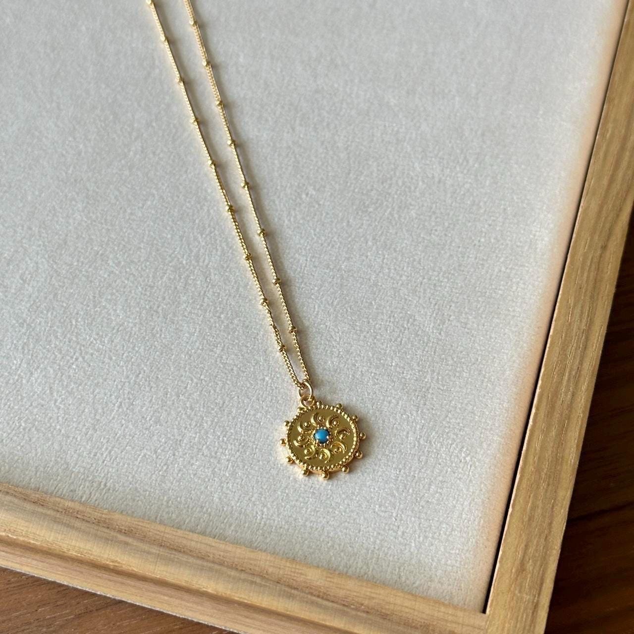 Gold Medallion Necklace with Turquoise Bead, Filigree Round Pendant Necklace, 18K Gold Plated Chain, Boho Ethnic Statement Jewelry