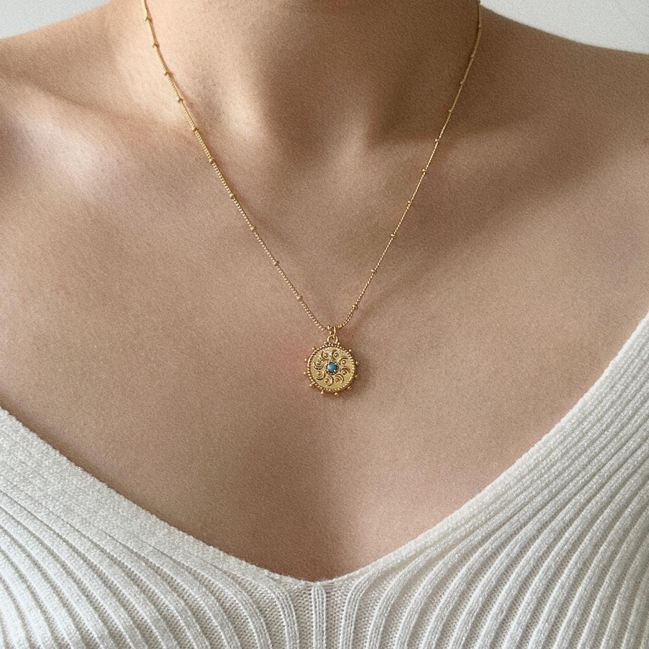 Gold Medallion Necklace with Turquoise Bead, Filigree Round Pendant Necklace, 18K Gold Plated Chain, Boho Ethnic Statement Jewelry