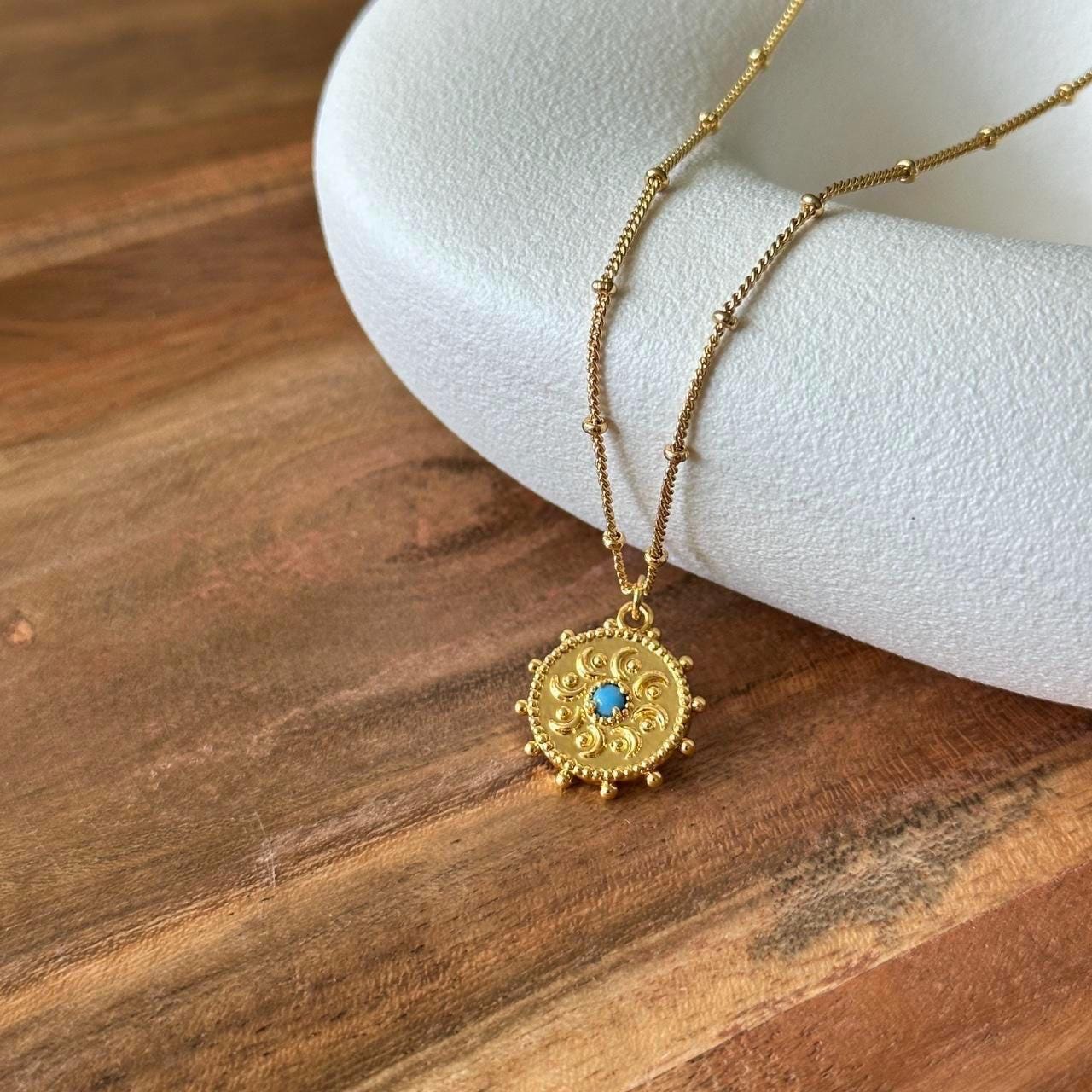 Gold Medallion Necklace with Turquoise Bead, Filigree Round Pendant Necklace, 18K Gold Plated Chain, Boho Ethnic Statement Jewelry