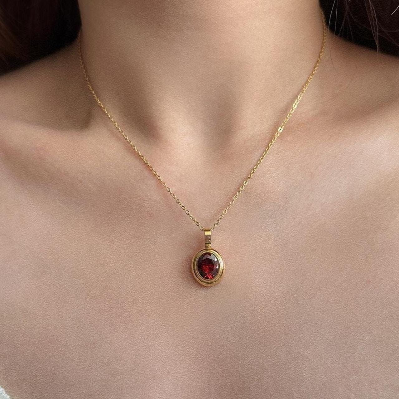 Red Crystal Pendant Necklace, 18K Gold Plated Stainless Steel Chain, Oval Cut Garnet Color Stone, January Birthstone Jewelry, Ruby Stone