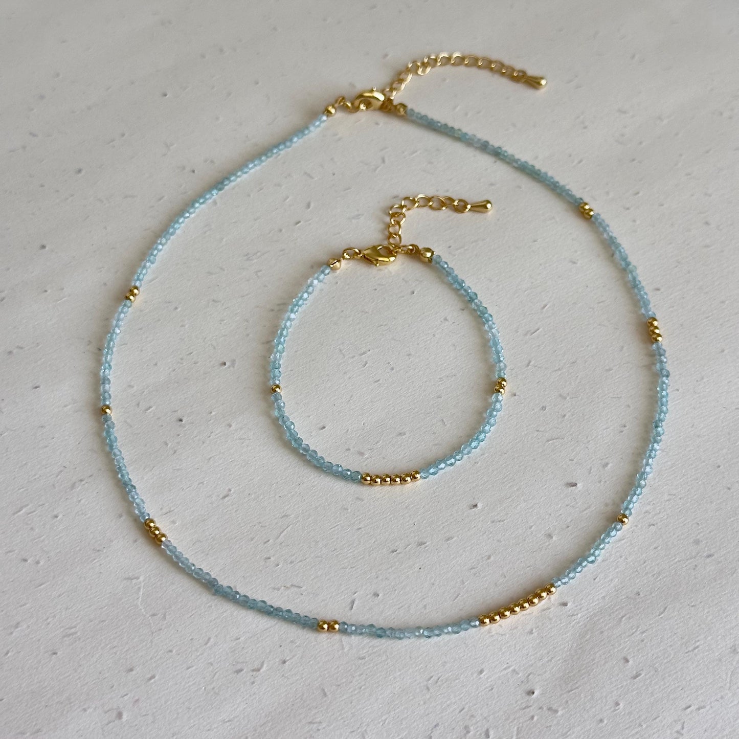 Natural Aquamarine Necklace and Bracelet Set, Real Gemstone Jewelry, March Birthstone Gift, Dainty Layered Jewelry, Natural Stone Beads