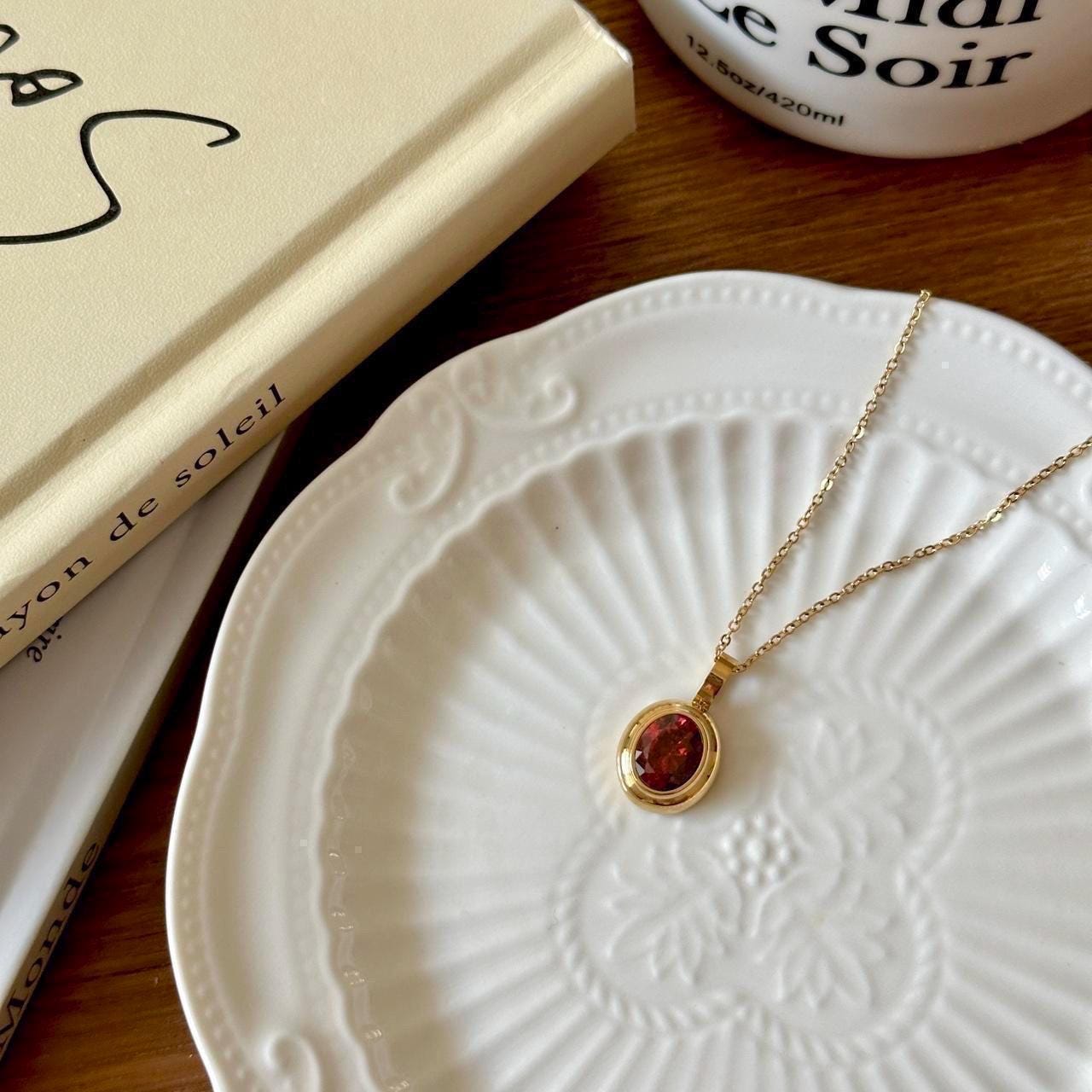 Red Crystal Pendant Necklace, 18K Gold Plated Stainless Steel Chain, Oval Cut Garnet Color Stone, January Birthstone Jewelry, Ruby Stone