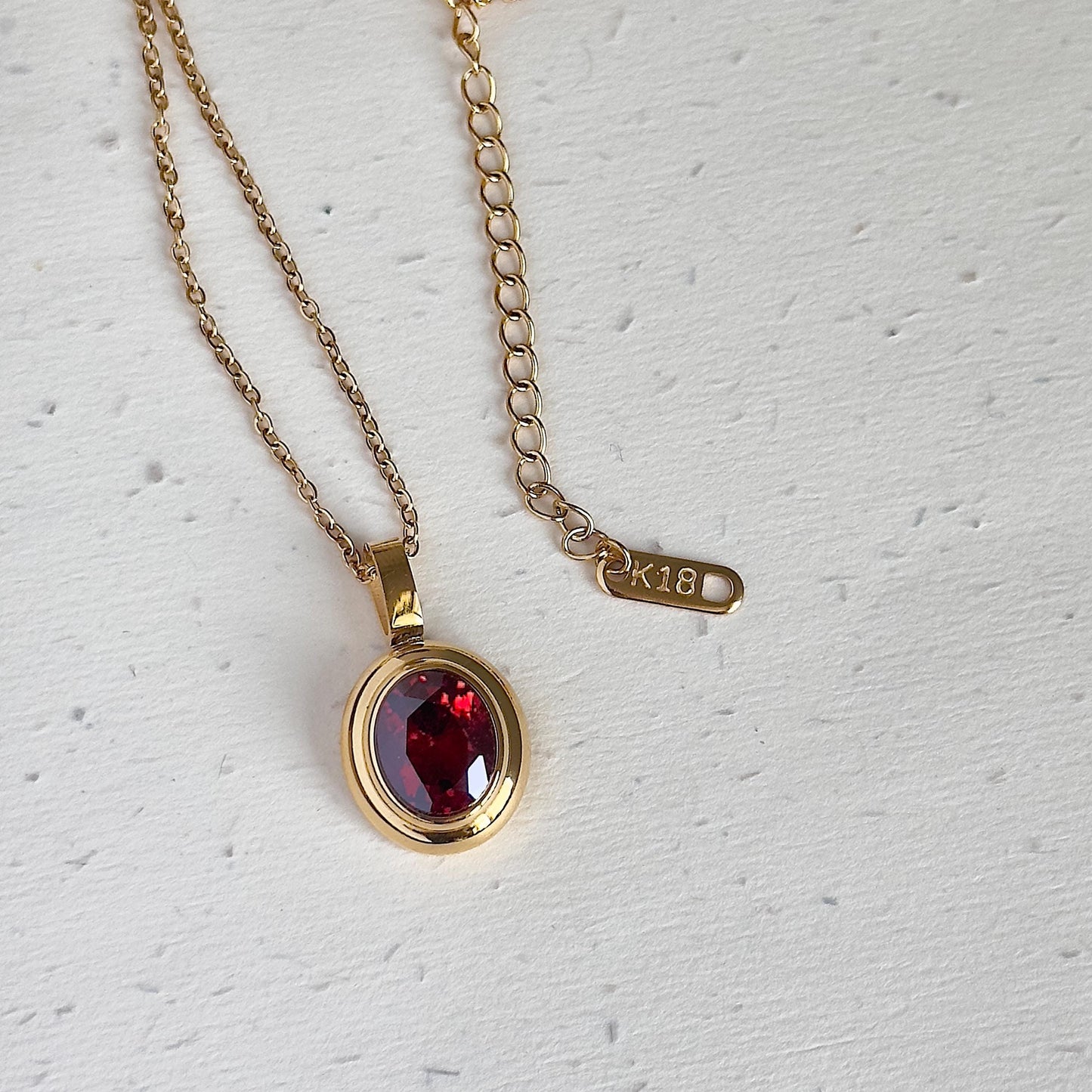 Red Crystal Pendant Necklace, 18K Gold Plated Stainless Steel Chain, Oval Cut Garnet Color Stone, January Birthstone Jewelry, Ruby Stone