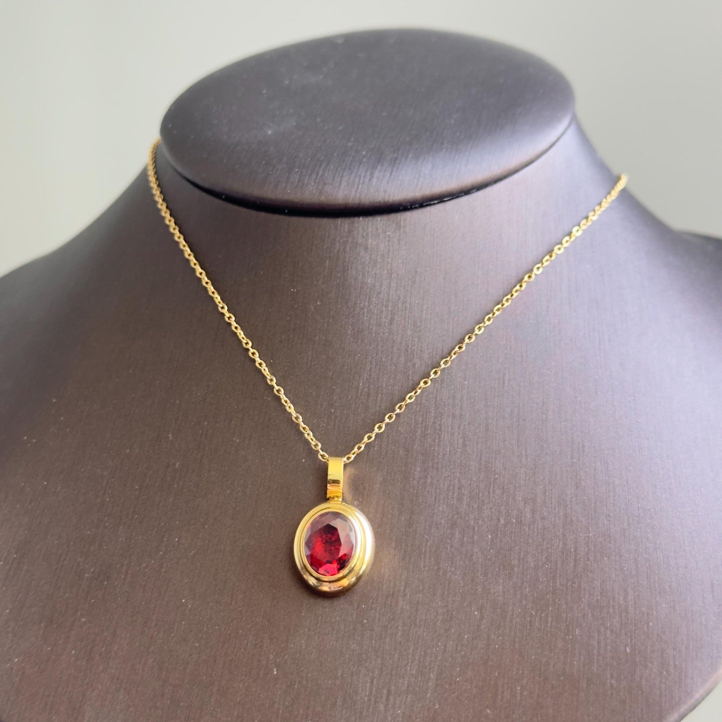 Red Crystal Pendant Necklace, 18K Gold Plated Stainless Steel Chain, Oval Cut Garnet Color Stone, January Birthstone Jewelry, Ruby Stone