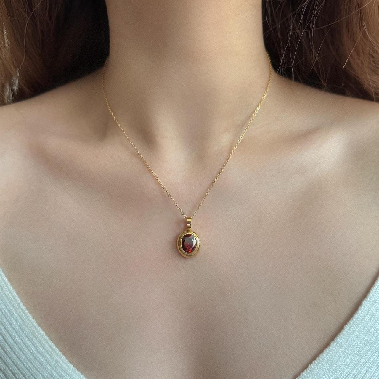 Red Crystal Pendant Necklace, 18K Gold Plated Stainless Steel Chain, Oval Cut Garnet Color Stone, January Birthstone Jewelry, Ruby Stone