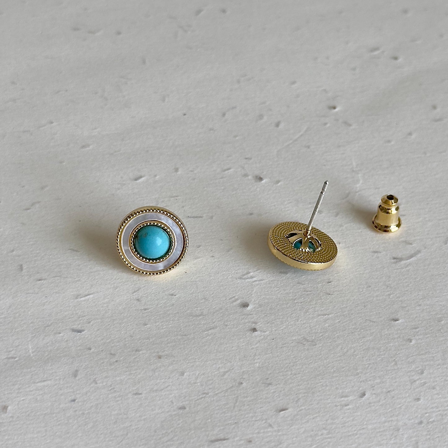 Retro Turquoise Stud Earrings, Gold Circle Mother Of Pearl Studs, Round Statement Earrings, Vintage Style Earrings, Elegant Studs For Women