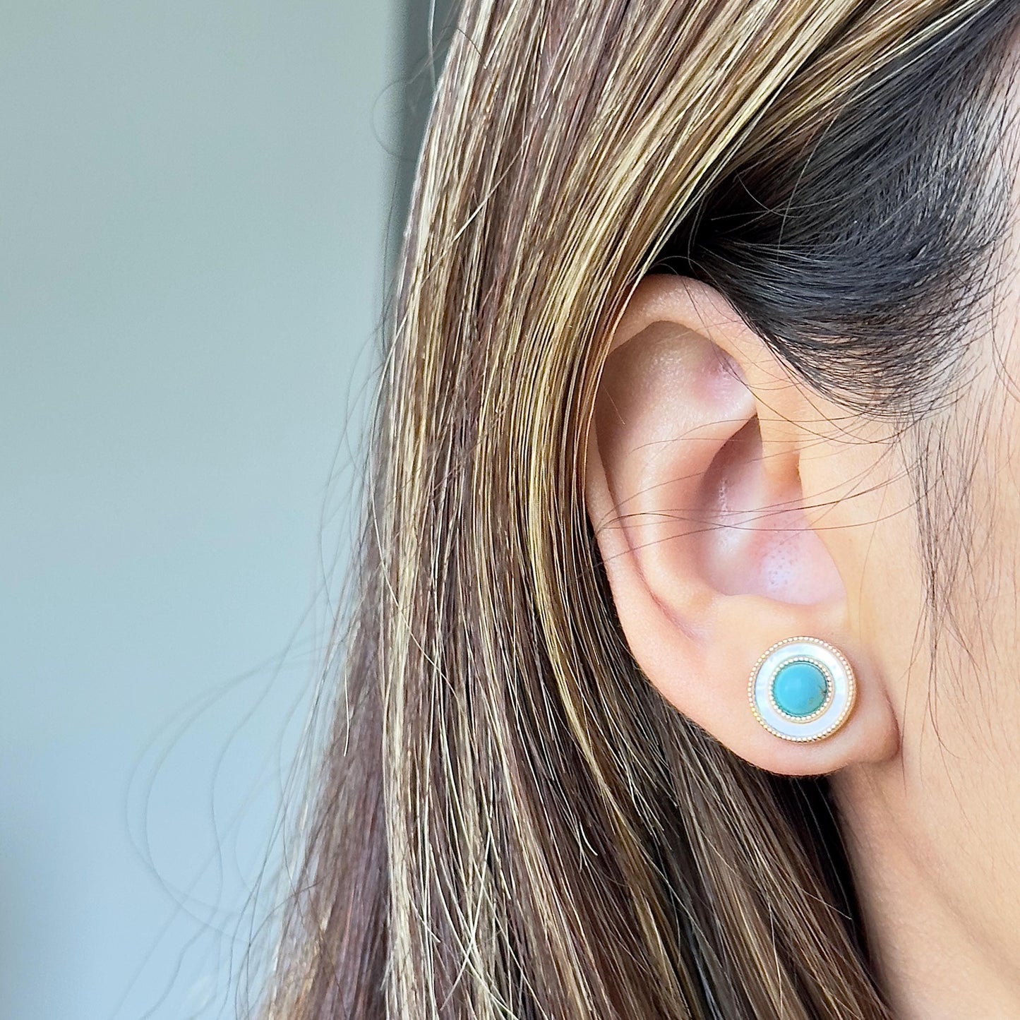 Retro Turquoise Stud Earrings, Gold Circle Mother Of Pearl Studs, Round Statement Earrings, Vintage Style Earrings, Elegant Studs For Women