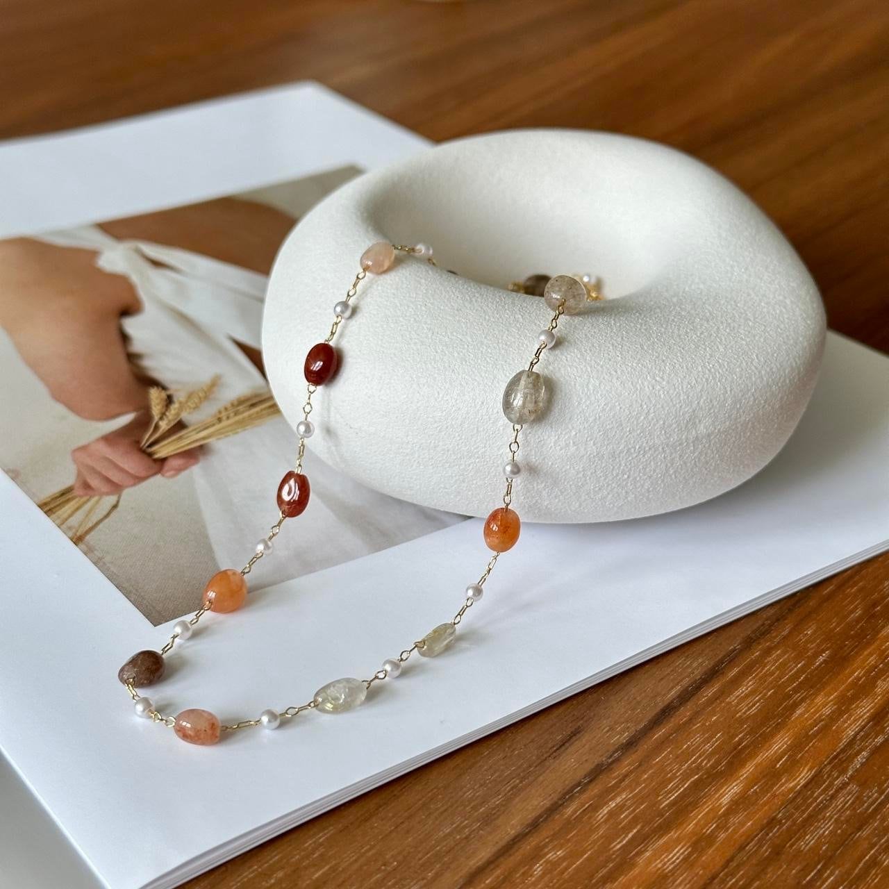 Natural stone beaded gold necklace