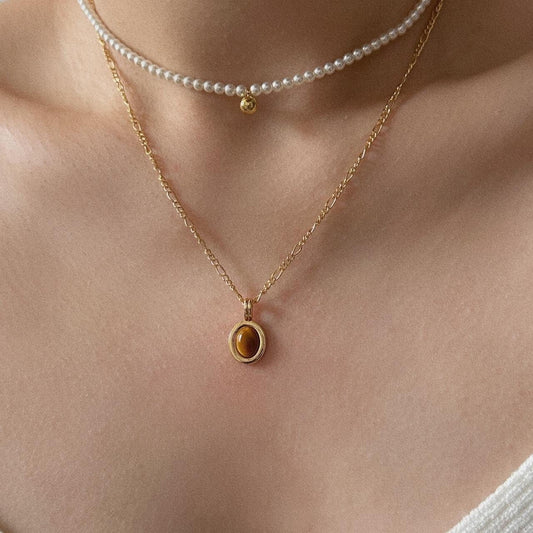 Gold tigereye natural stone pendant necklace