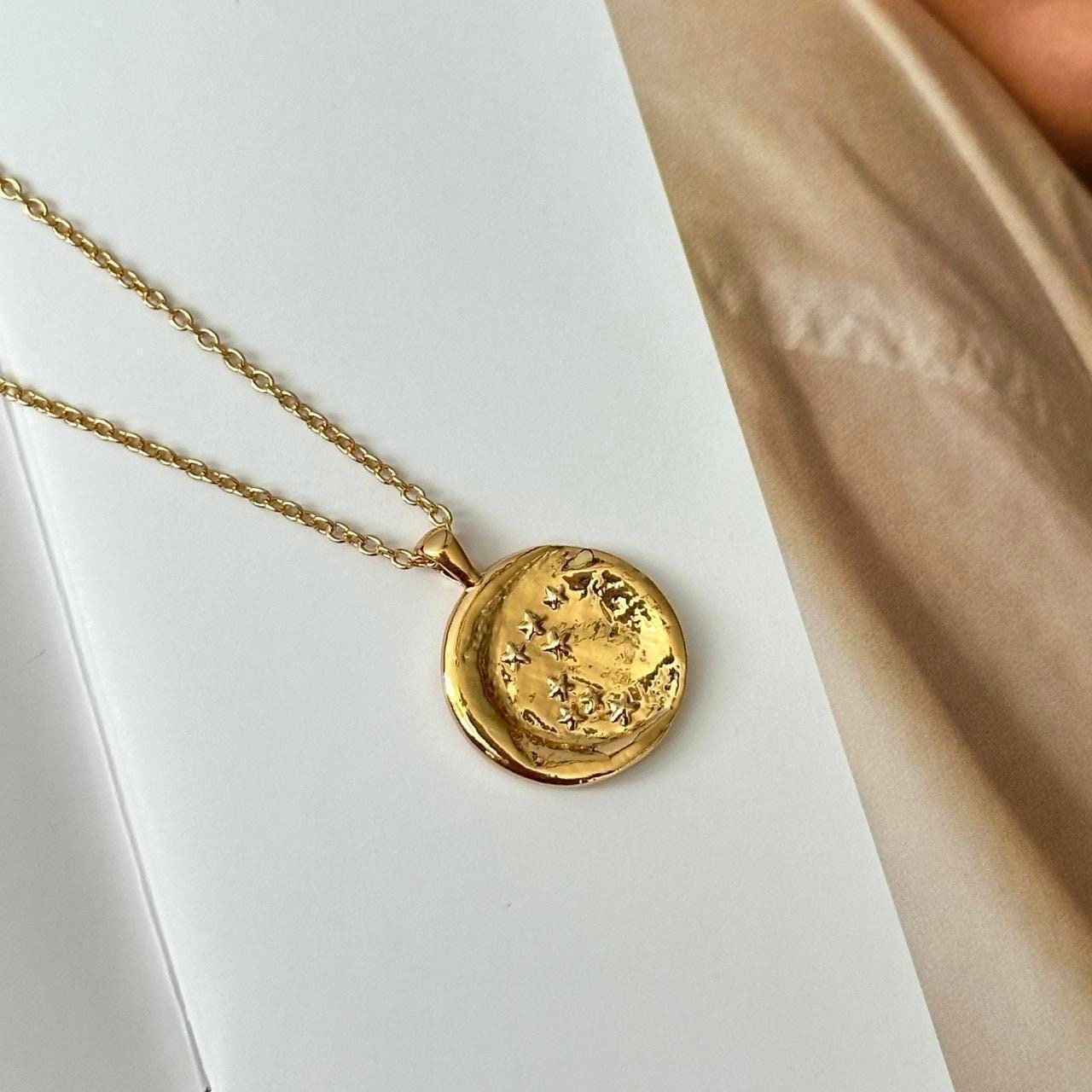 Gold stars and moon coin pendant necklace