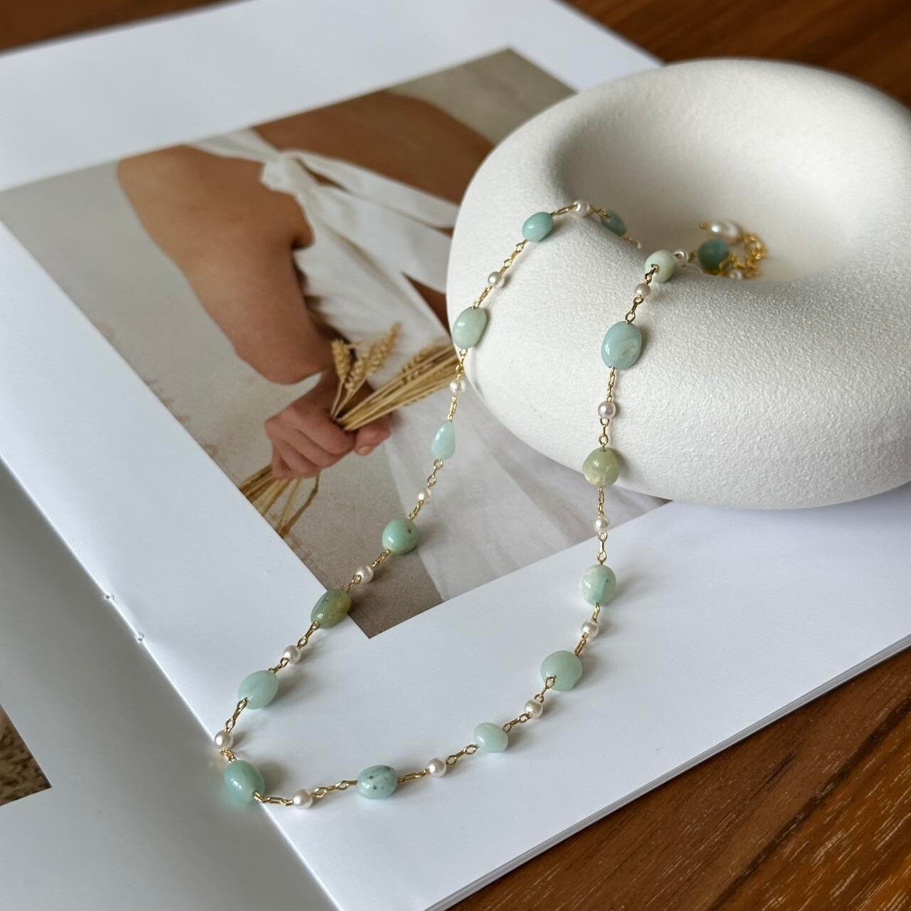 Natural stone beaded gold necklace