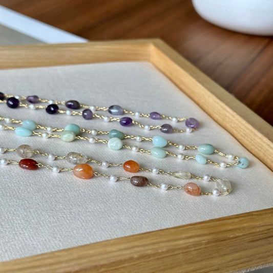 Natural stone beaded gold necklace