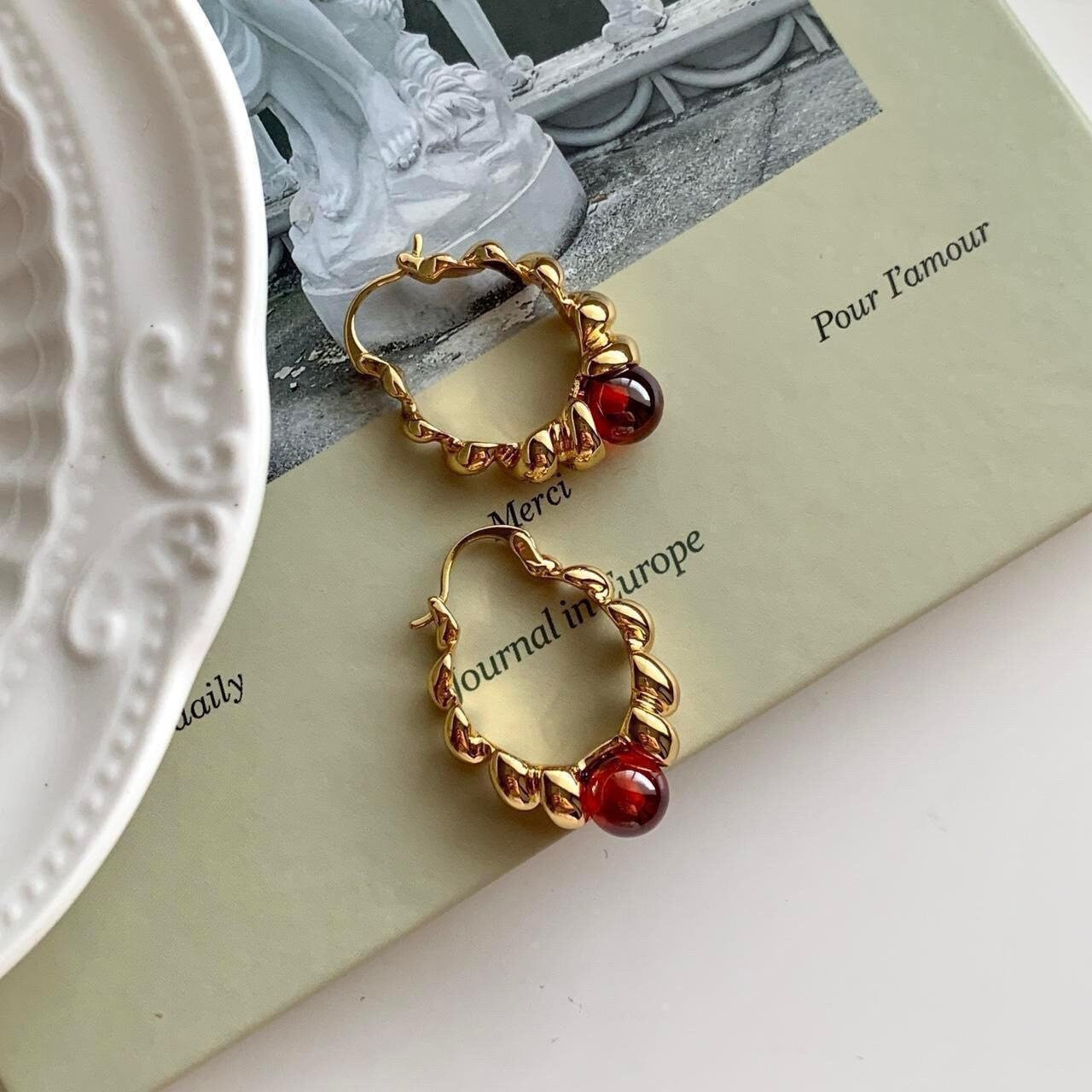 Gold twist hoop natural stone bead earrings
