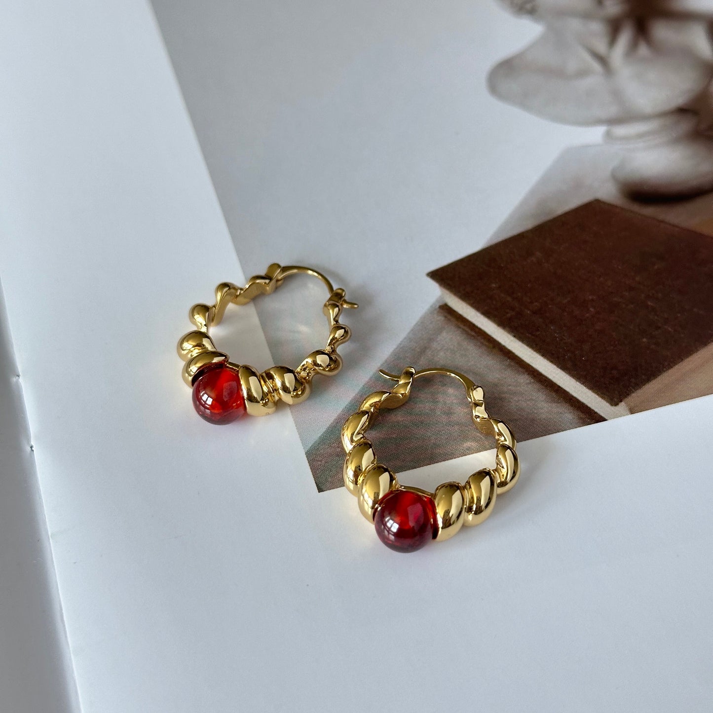 Gold twist hoop natural stone bead earrings