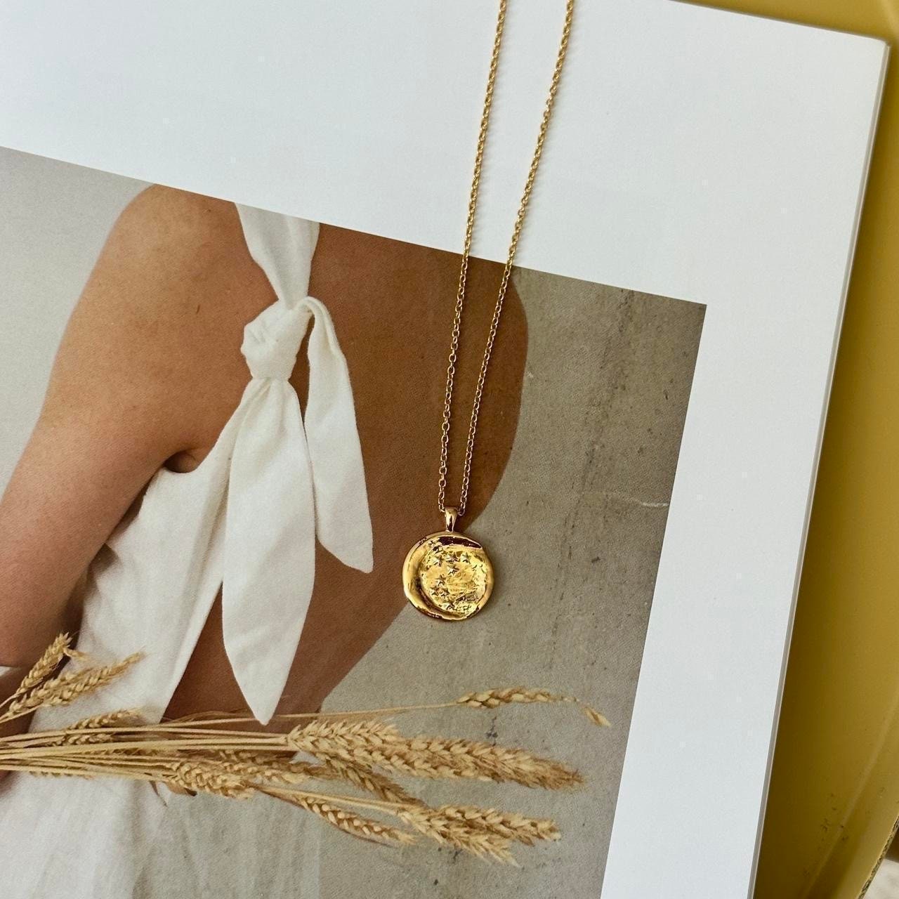 Gold stars and moon coin pendant necklace