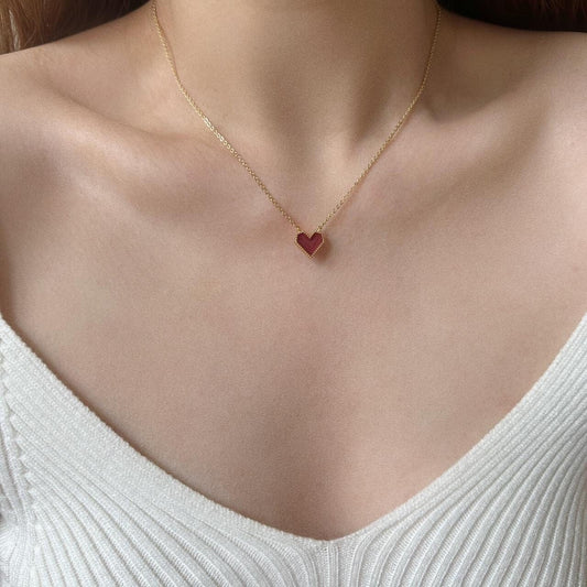 Enamel red heart pendant gold necklace