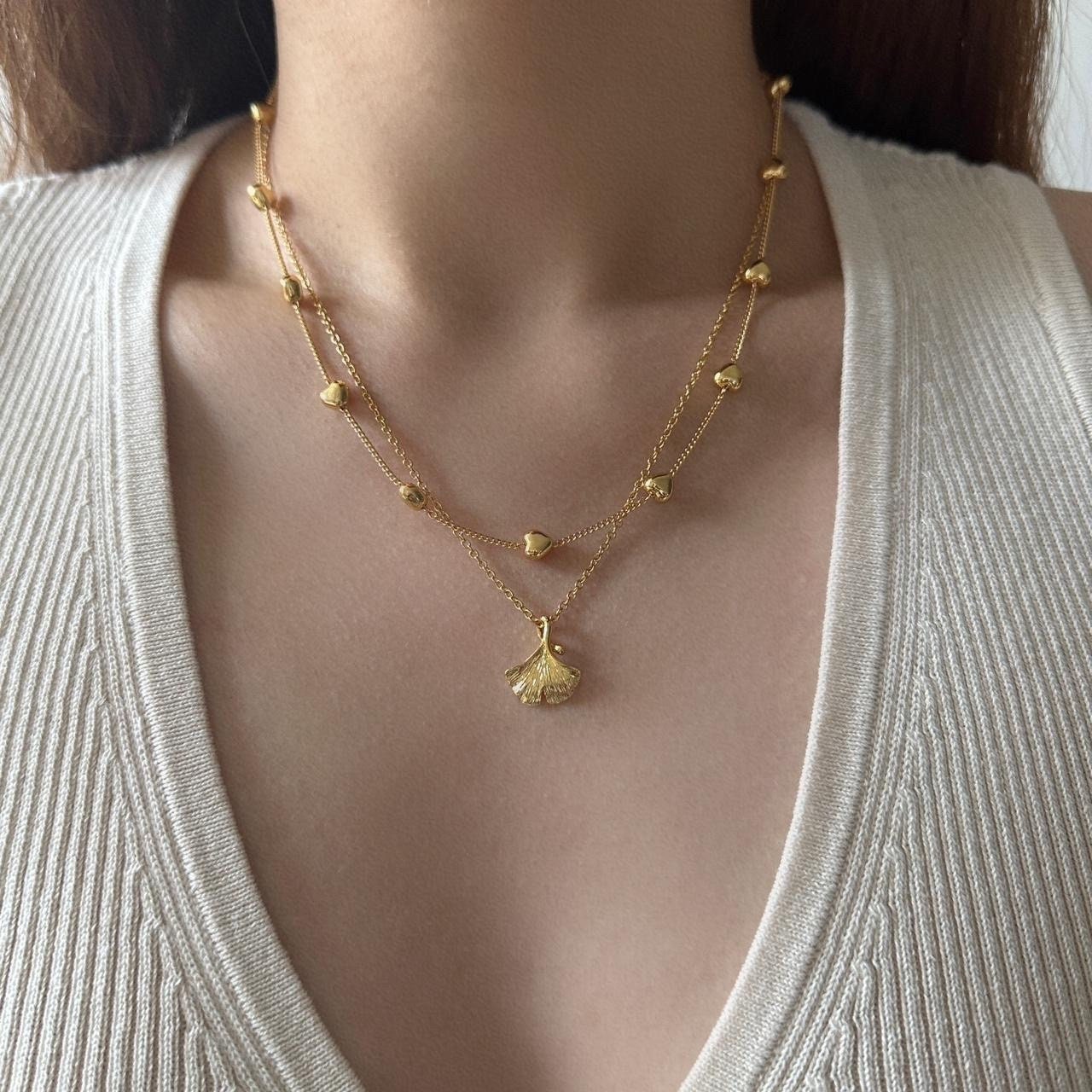 Gold ginkgo pendant necklace and earrings set