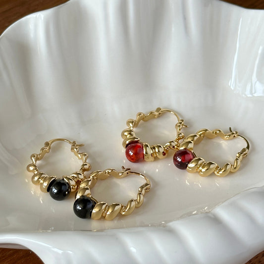 Gold twist hoop natural stone bead earrings