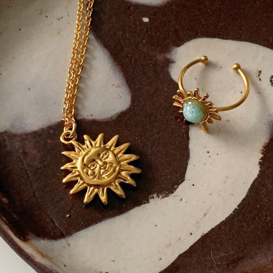 Gold Sun Face And Moon Face Pendant Sweater Necklace