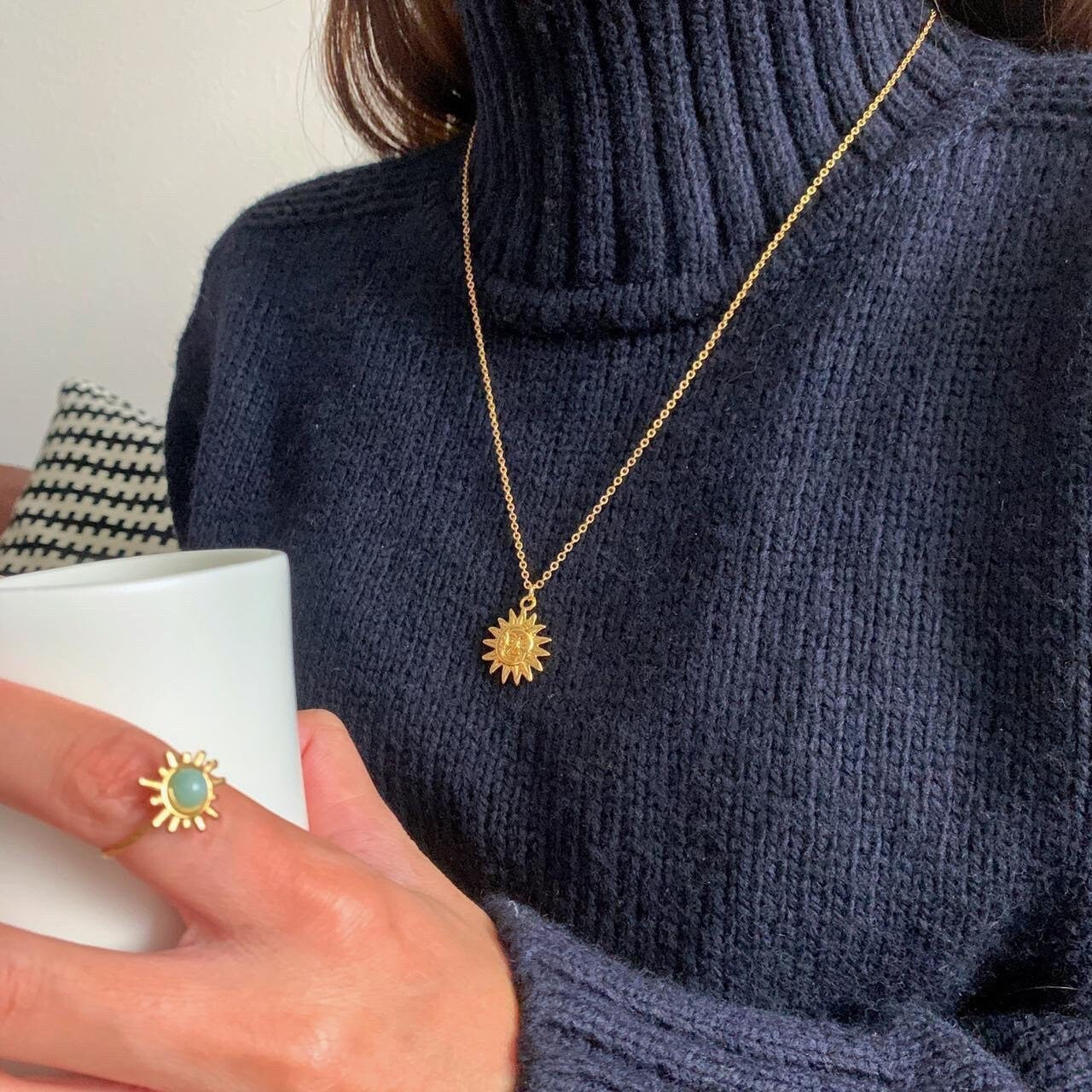 Gold Sun Face And Moon Face Pendant Sweater Necklace