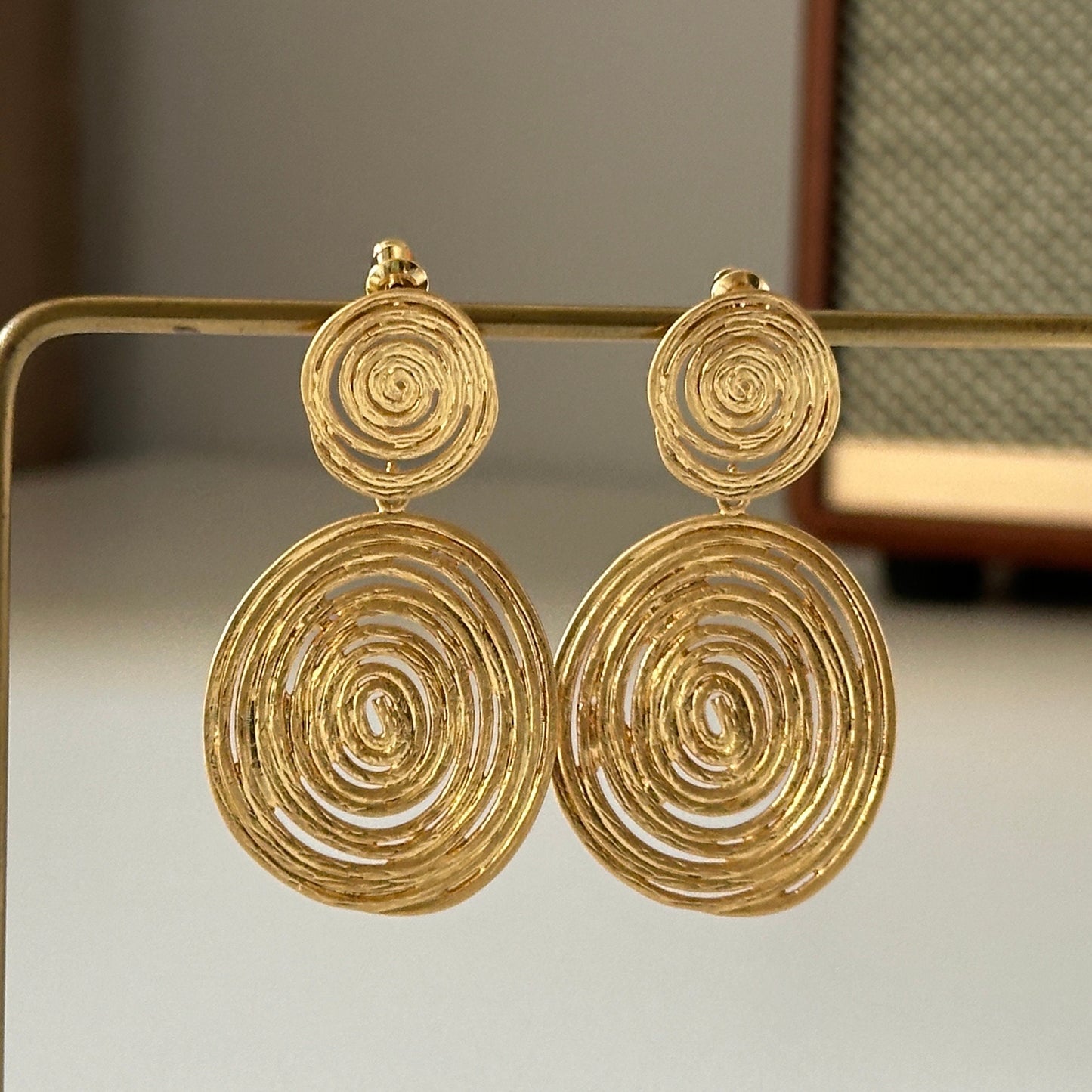 Spiraling Circle Dangle Gold Earrings French Vintage Earrings