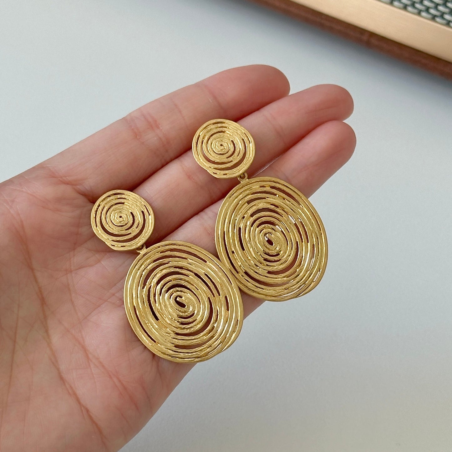 Spiraling Circle Dangle Gold Earrings French Vintage Earrings