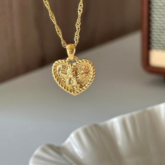 Gold Angle Wing Heart Pendant Necklace