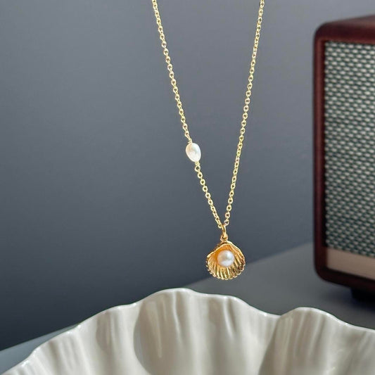 Gold Shell Freshwater Pearl Pendant Necklace