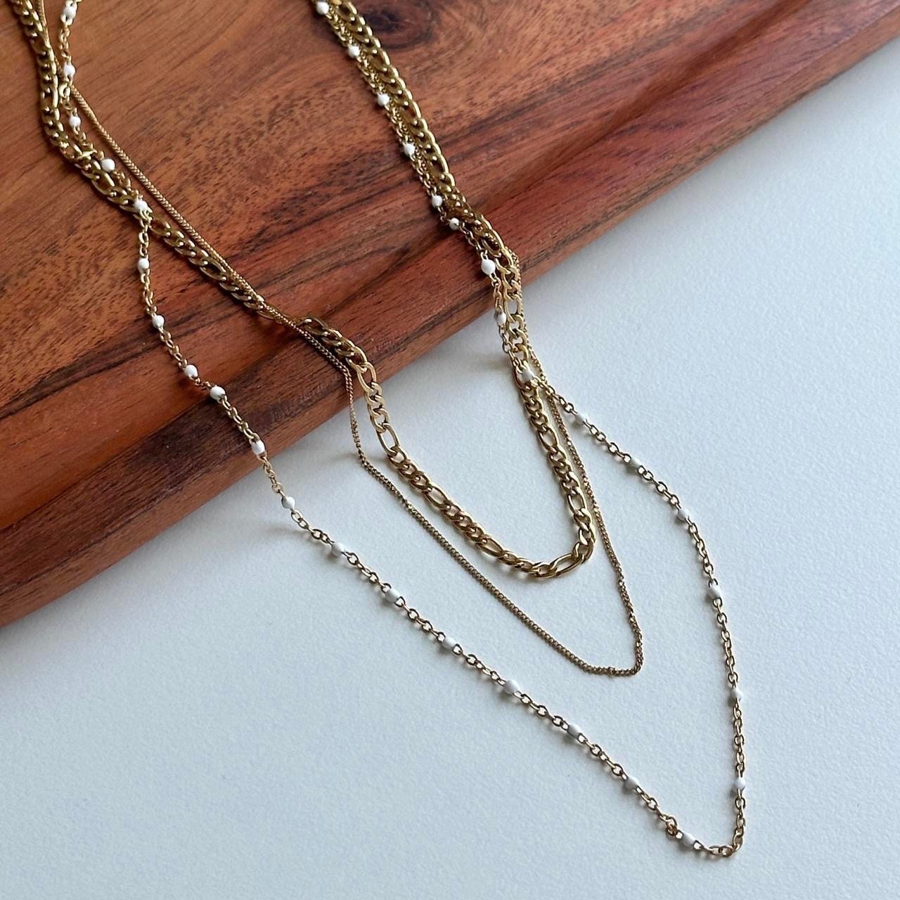 Triple Chain Beads Gold Necklace